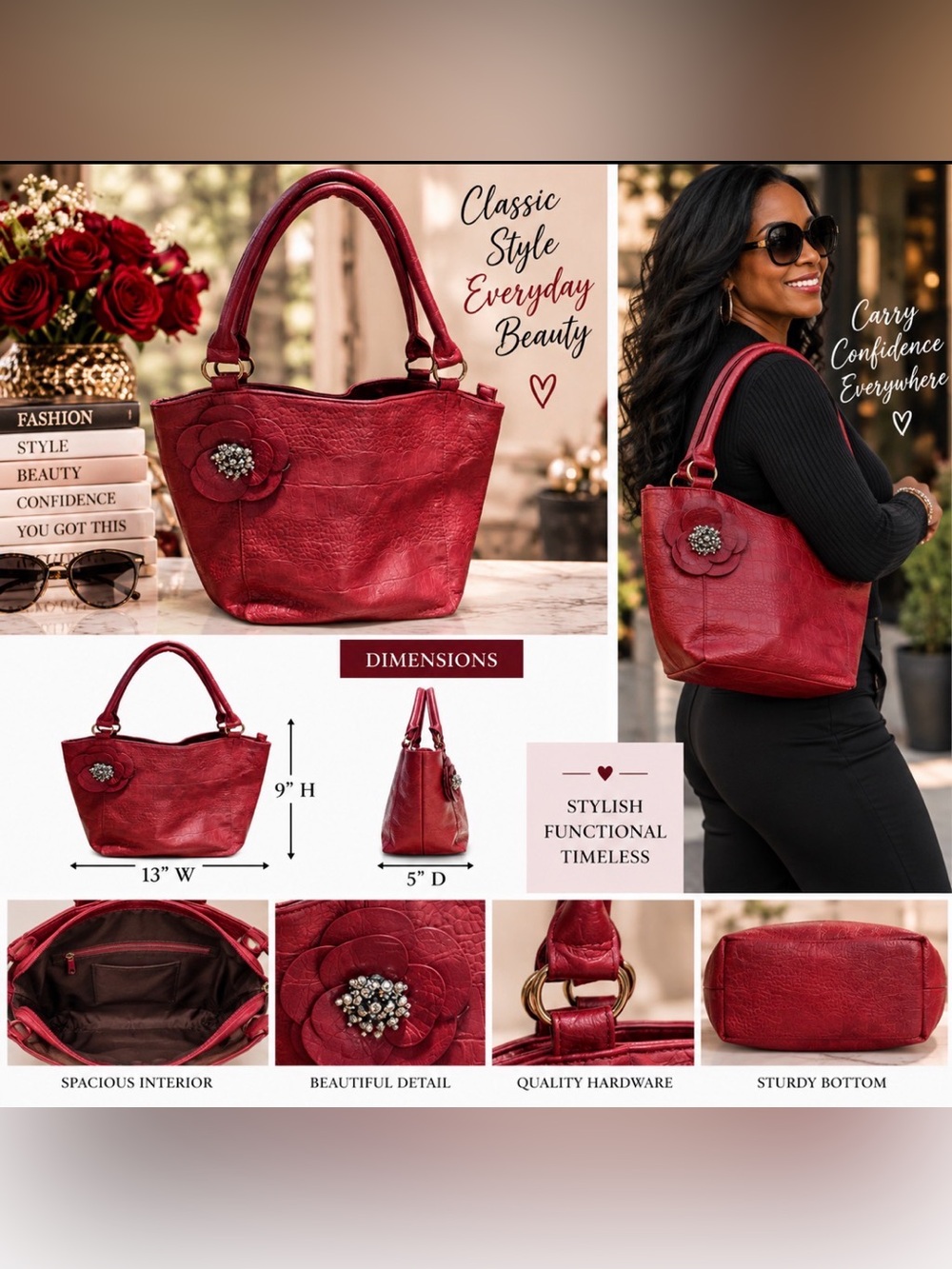 Elegant Red Shoulder Bag with Floral Accent